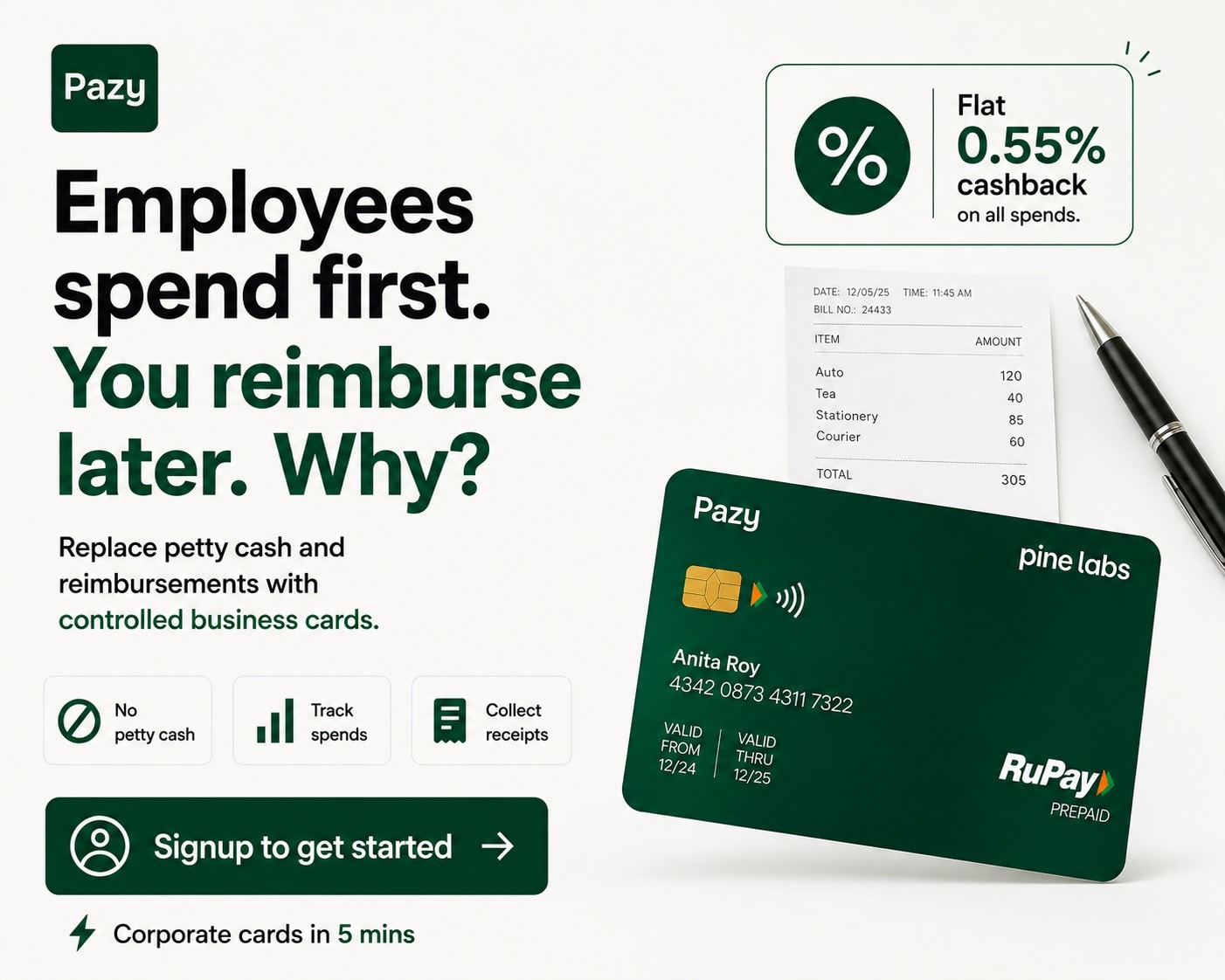 Pazy — stop reimbursing employees later. Replace petty cash with controlled business cards from ₹199