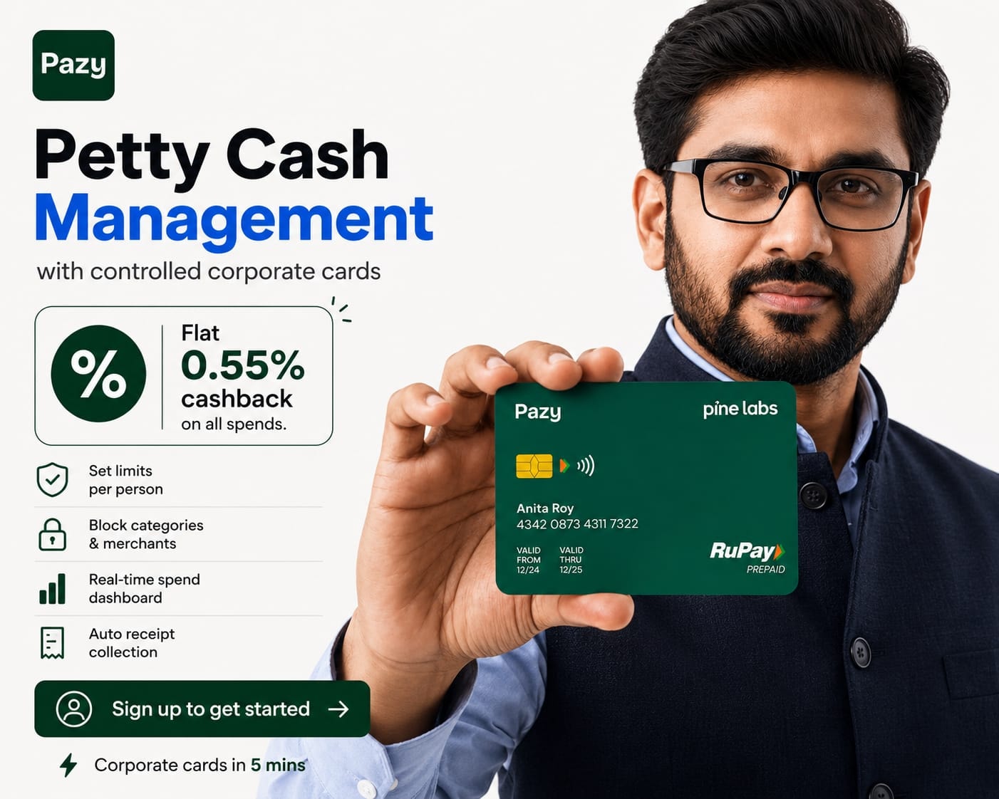 Pazy — petty cash management with controlled corporate cards. Real-time spend dashboard, auto receipt collection
