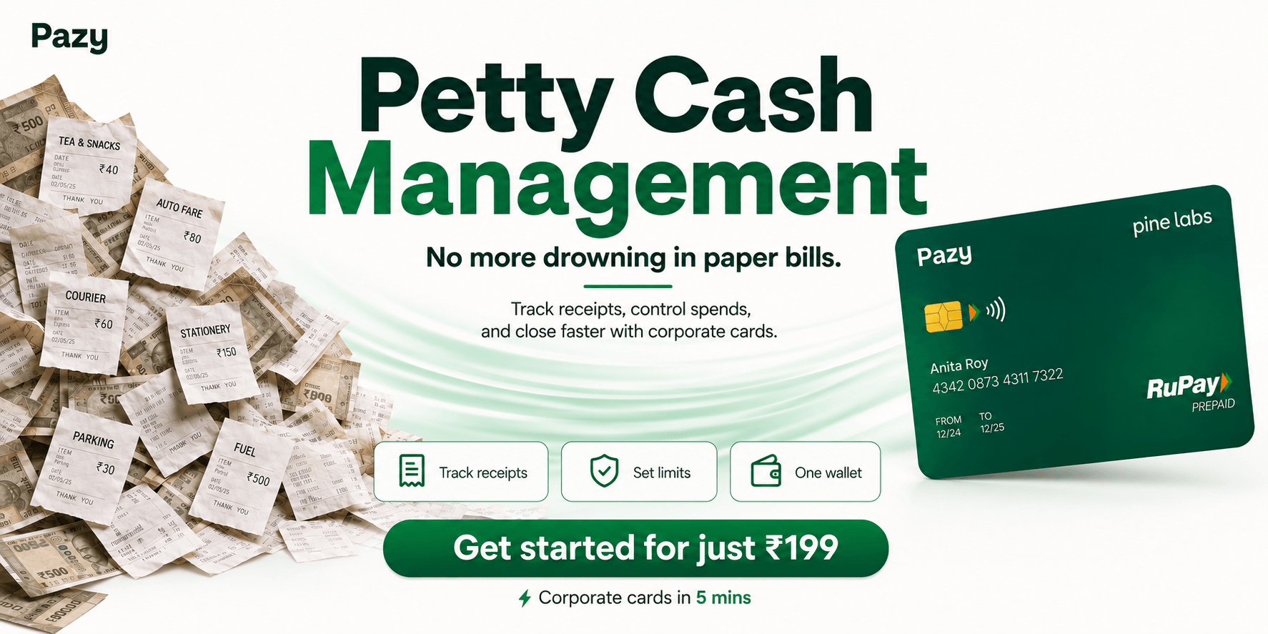 Pazy — petty cash management, no more drowning in paper bills. Track receipts, set limits, one wallet. Get started for just ₹199