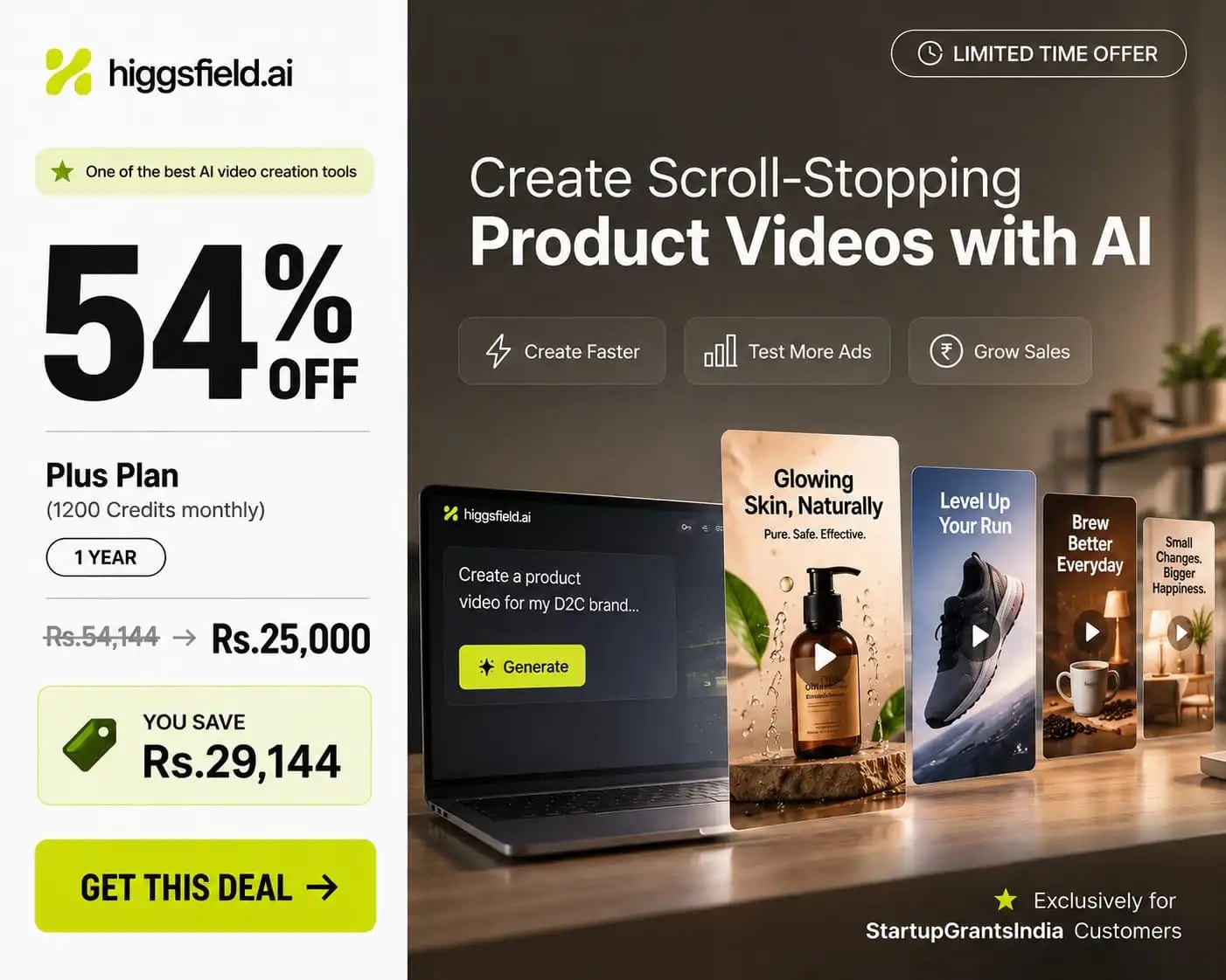 Higgsfield Plus — 1 year through Startup Grants India
