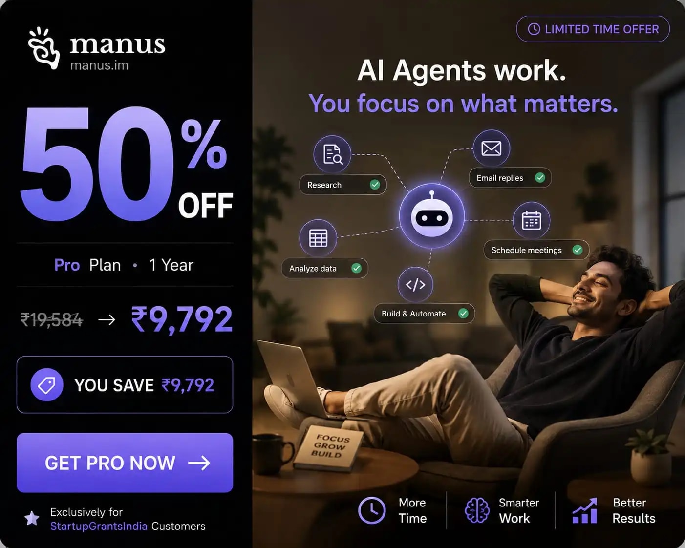 Manus Pro — 1 year through Startup Grants India