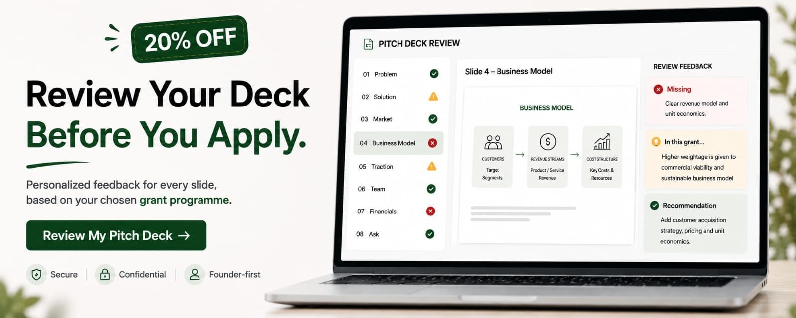 Pitch Deck Review — review your deck before you apply, personalized to your grant programme