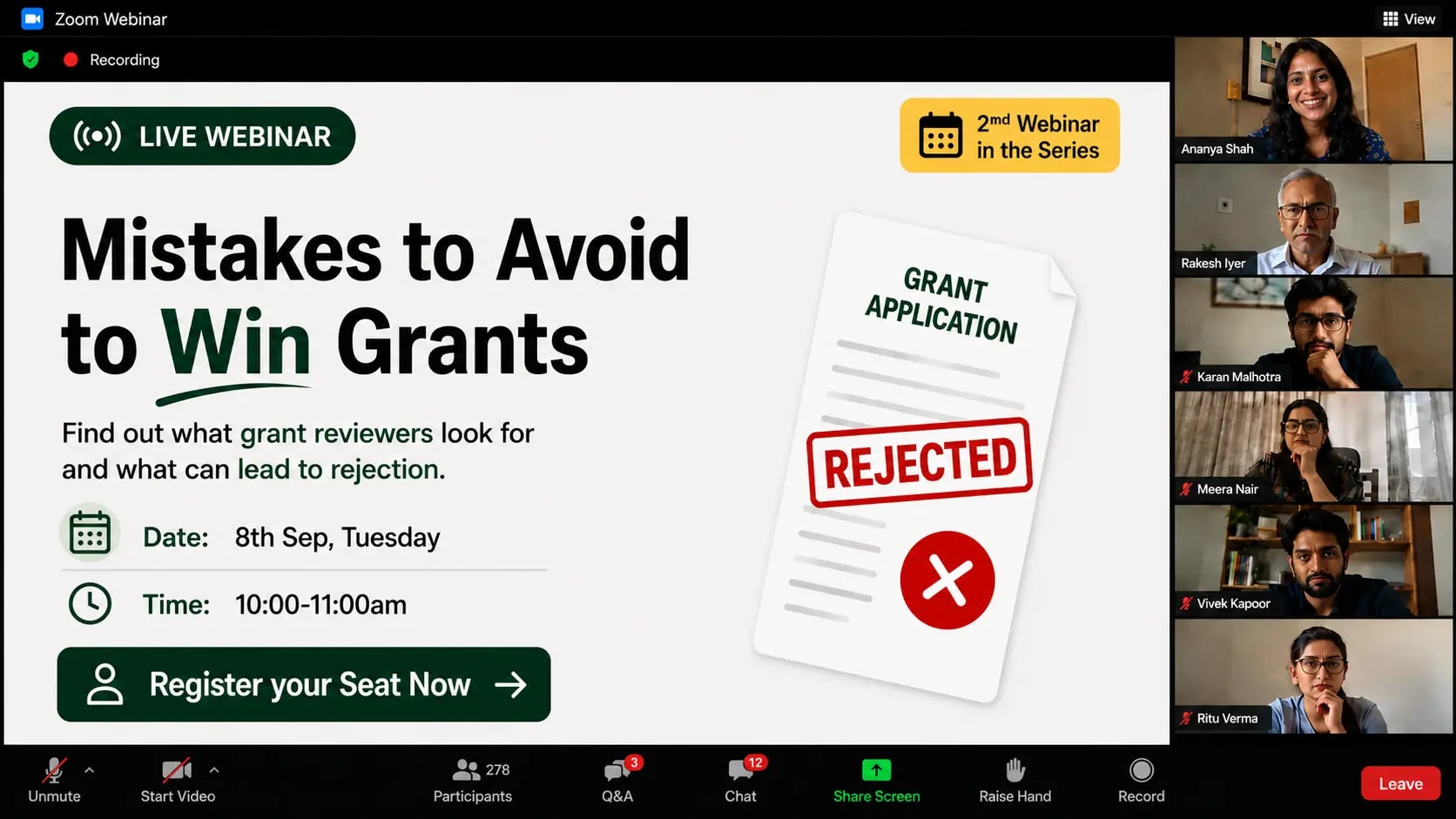 Live webinar — Mistakes to avoid to win Grants. Tuesday 8 September, 10:00 AM. Register for ₹99