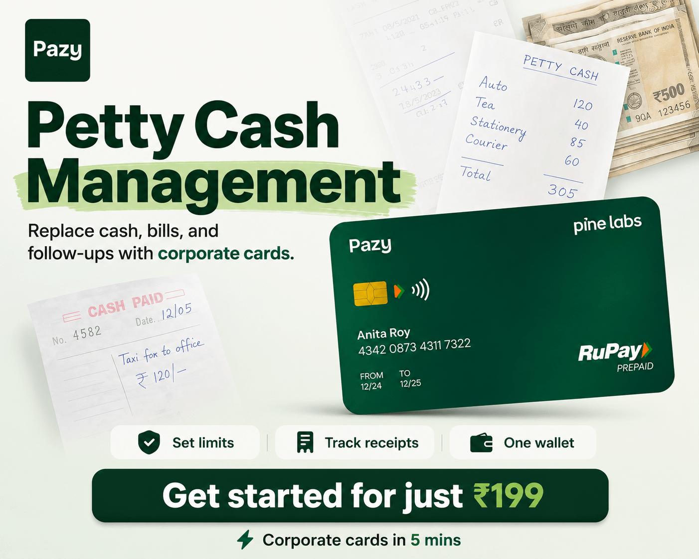 Pazy — replace cash, bills and follow-ups with corporate cards. Get started for ₹199