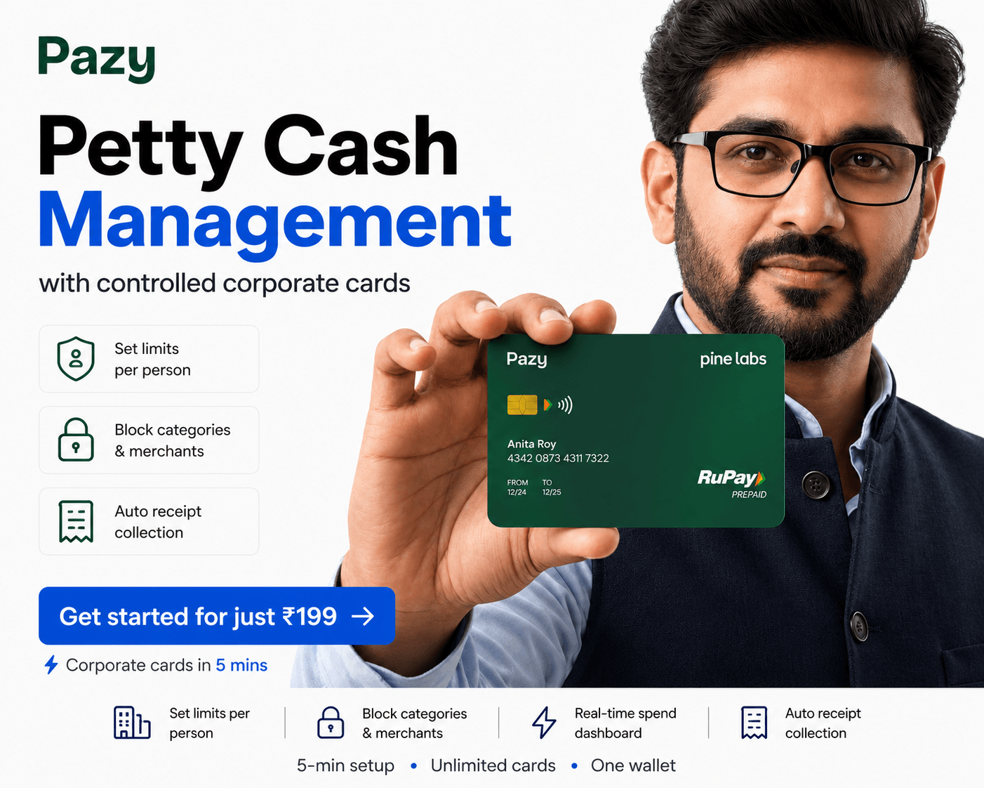 Pazy — petty cash management with controlled corporate cards. Real-time spend dashboard, auto receipt collection