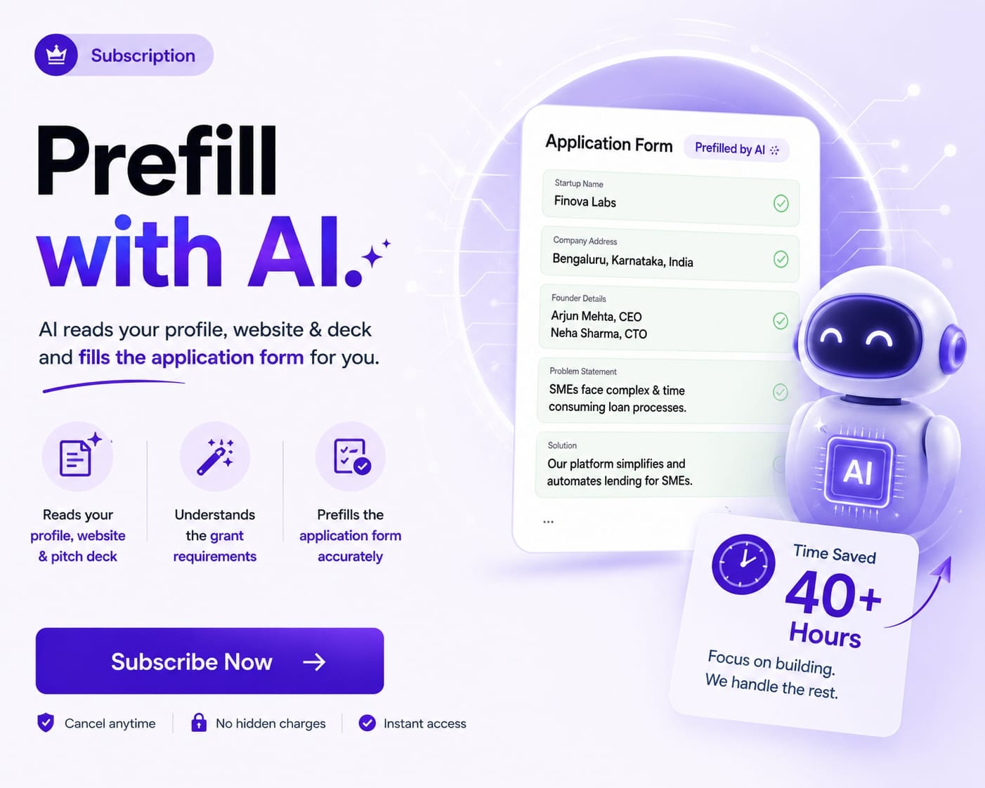 Prefill with AI — AI reads your profile, website and pitch deck and fills the application form for you
