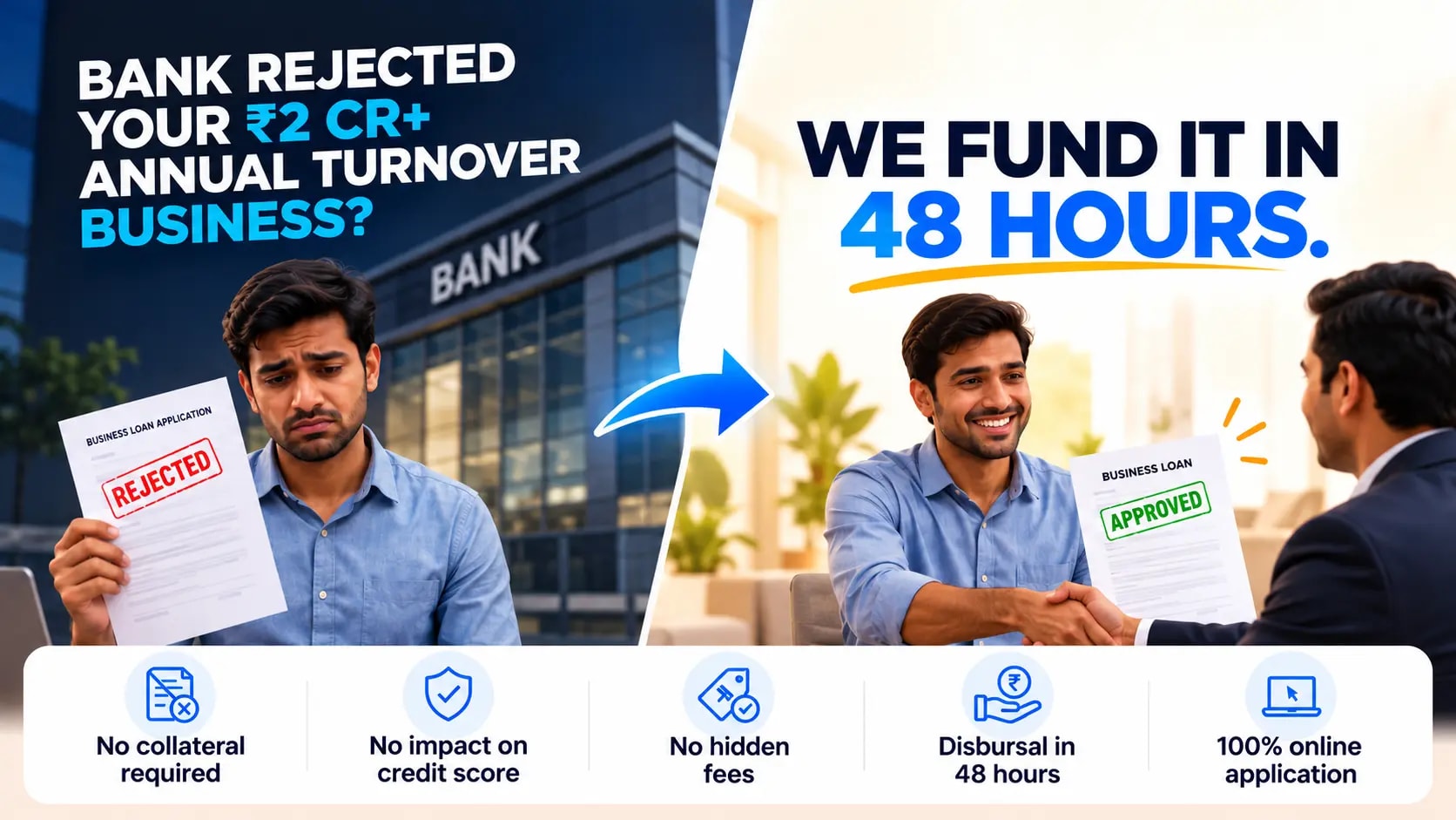 Bank rejected your ₹2 Cr+ turnover business? Get funded in 48 hours — no collateral, no impact on credit score, 100% online