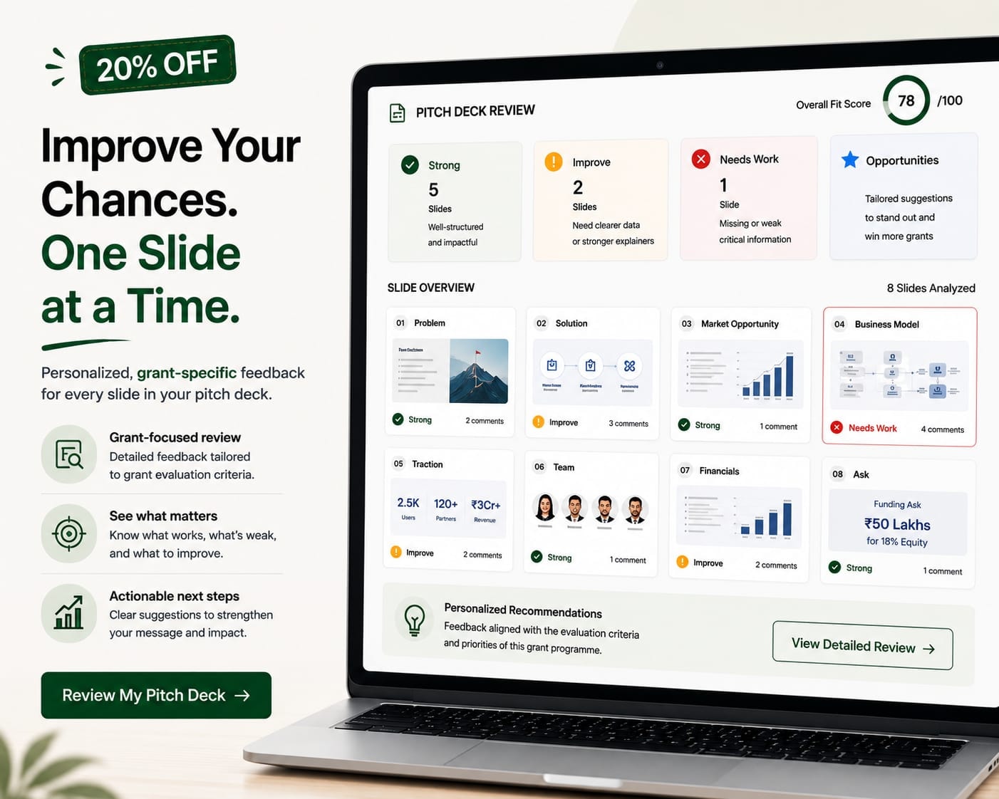 Pitch Deck Review — grant-specific feedback for every slide
