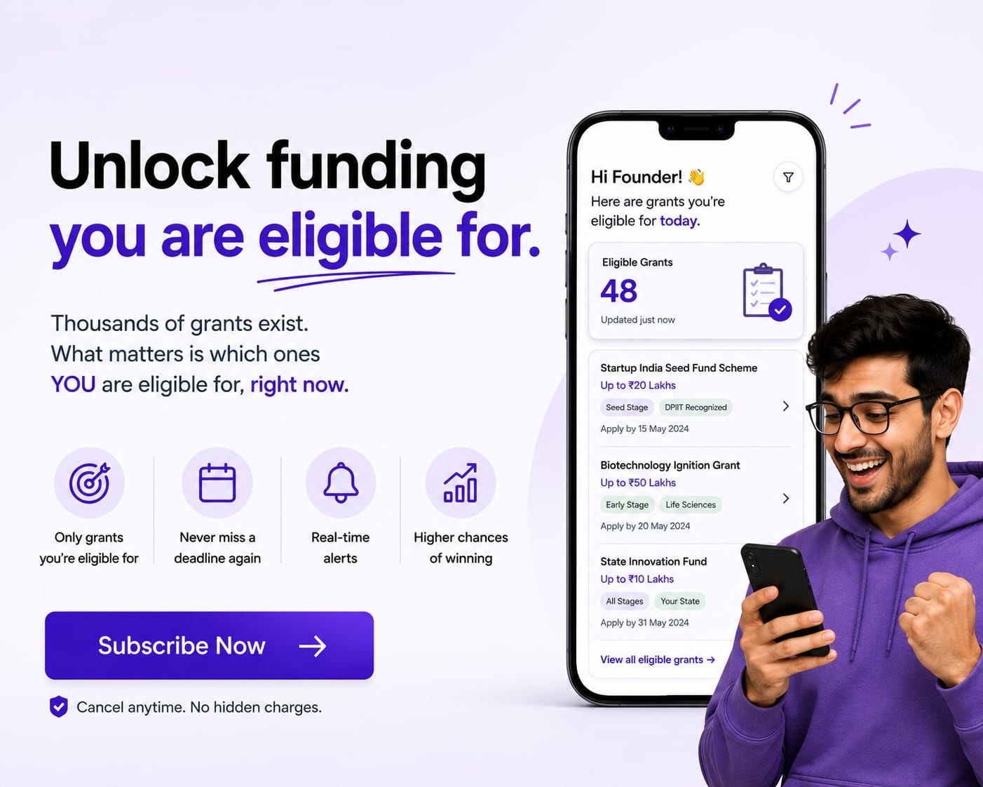 Unlock funding you are eligible for — only grants you qualify for, never miss a deadline, real-time alerts
