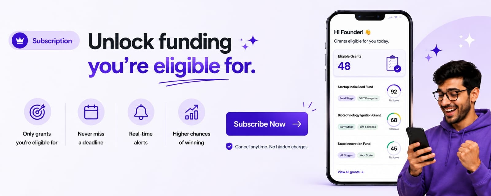 Unlock funding you're eligible for — only grants you qualify for, never miss a deadline, real-time alerts