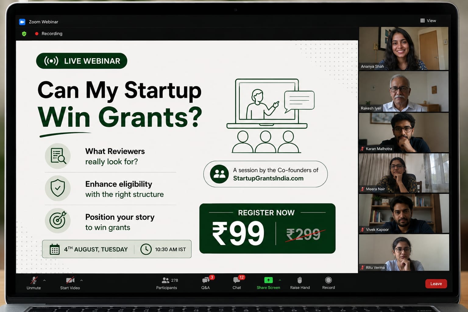 Live workshop — Can My Startup Win Grants? 4 August, 10:30 AM. Register for ₹99