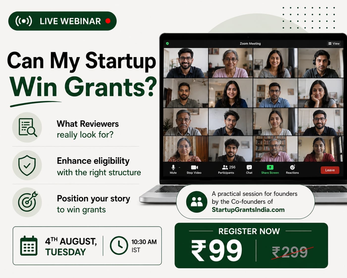Live workshop — Can My Startup Win Grants? 4 August, 10:30 AM. Register for ₹99