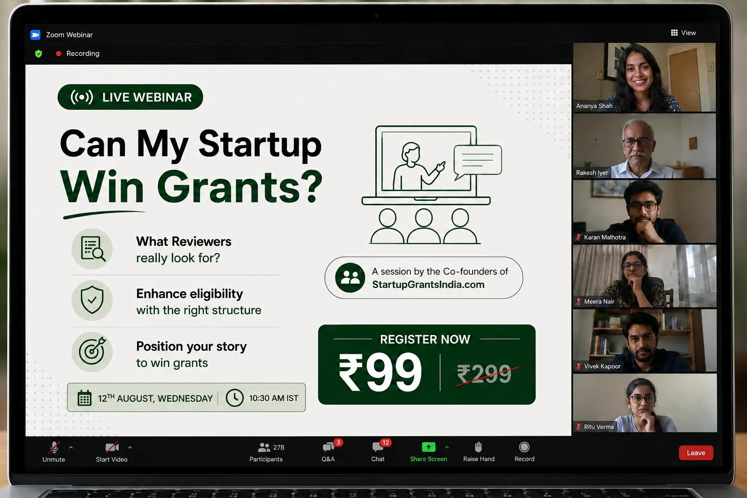 Live workshop — Can Your Startup Win Grant? 12 August, 10:30 AM. Register for ₹99