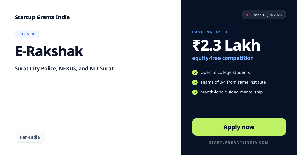 E-Rakshak – Up to ₹2.25 Lakhs | Startup Grants India