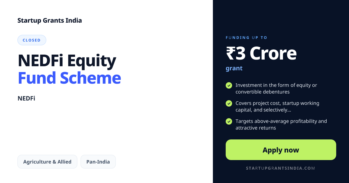NEDFi Equity Fund Scheme – Up to ₹3 Cr | Startup Grants India