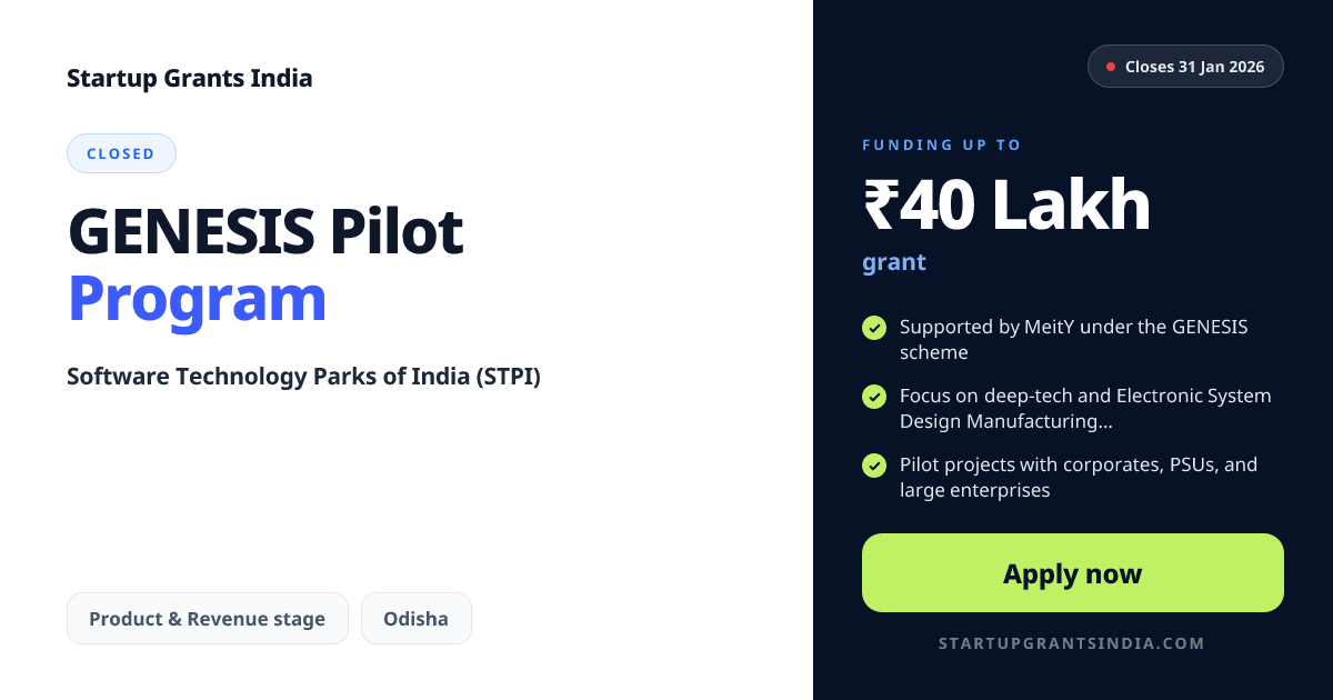 GENESIS Pilot Program – Up to ₹40 Lakhs | Startup Grants India