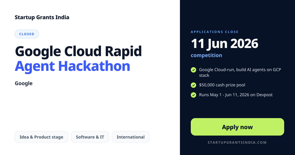 Google Cloud Rapid Agent Hackathon – Up to ₹45 Lakhs | Startup Grants India