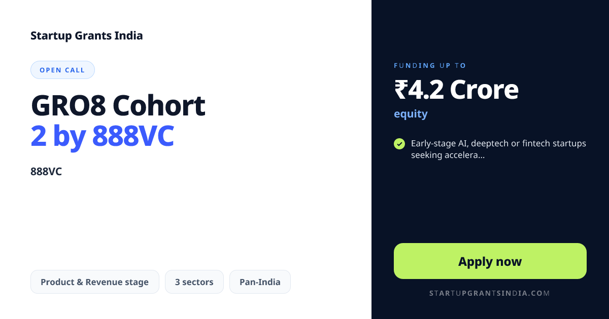 GRO8 Cohort 2 by 888VC – Up to ₹4.2 Cr | Startup Grants India