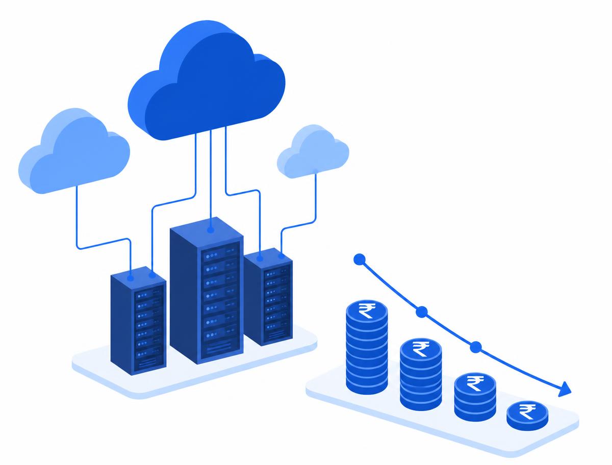 Illustration of cloud servers connected to a falling cloud-cost curve with rupee coins