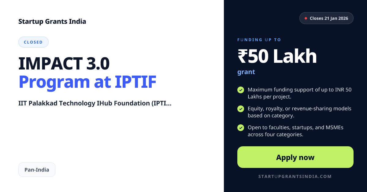IMPACT 3.0 Program at IPTIF – Up to ₹50 Lakhs | Startup Grants India