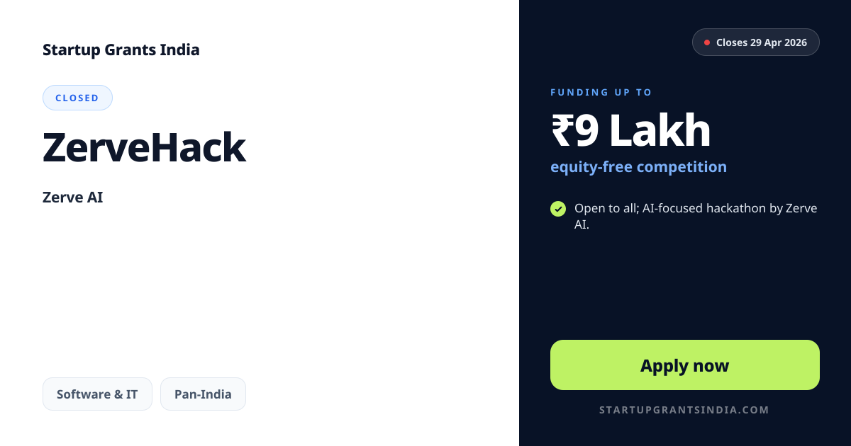 ZerveHack – Up to ₹9 Lakhs | Startup Grants India